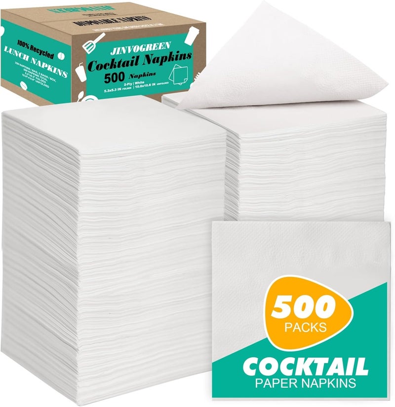 JINVOGREEN 500 Count Cocktail Napkins Disposable 2-Ply White Beverage Paper Napkins Bulk for Bars, Lunch, Parties, Restaurant and Everyday Use - 5.3 x 5.3 Inch Folded - Image 1